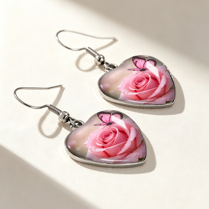 4 Pairs Pink Rose Illustration Heart-Shaped Hook Pendant Earrings